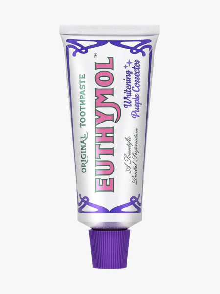 Euthymol Purple Toning Toothpaste in branded tube component on a light gray background